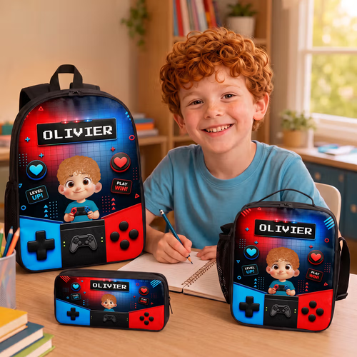 Personalized Bold Neon Gamepad Backpack Lunch Bag Pencil Case Set