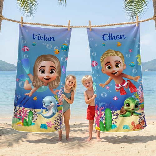 cute 3d diving kid sea animal quick dry soft oversized beach towel