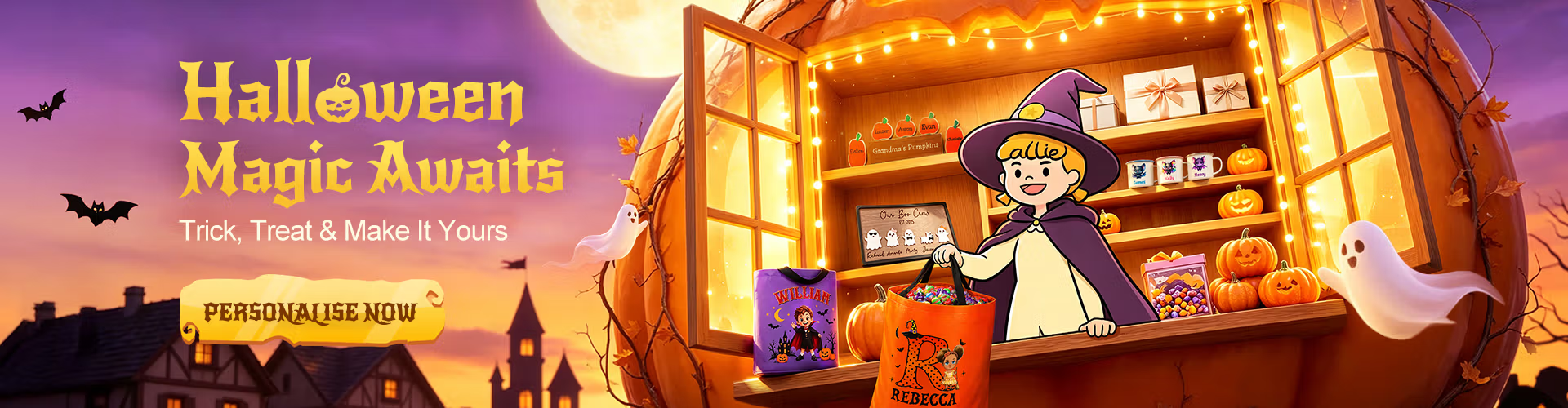 Callie IP in witch costume with custom trick-or-treat bag, personalized Halloween gifts and pumpkin decor