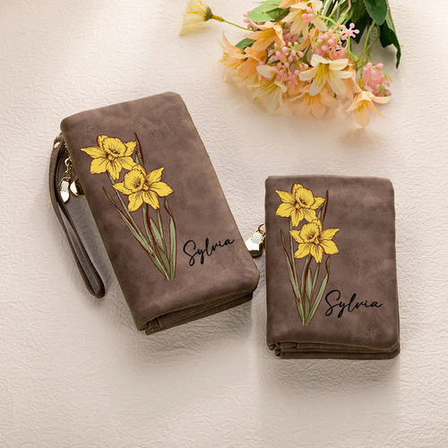 brown tri-fold pu leather wristlet wallet with card holder and name