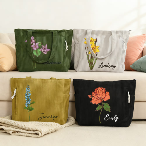 birth flower corduroy large capacity tote bag with name